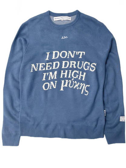 Advisory Board Crystals "I Don't Need Drugs" Cyan Sweater